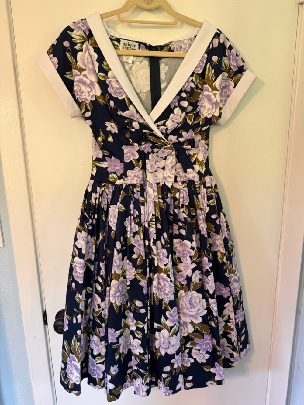 Unique Vintage Navy Floral Fit-and-Flare Dress with Lavender Roses